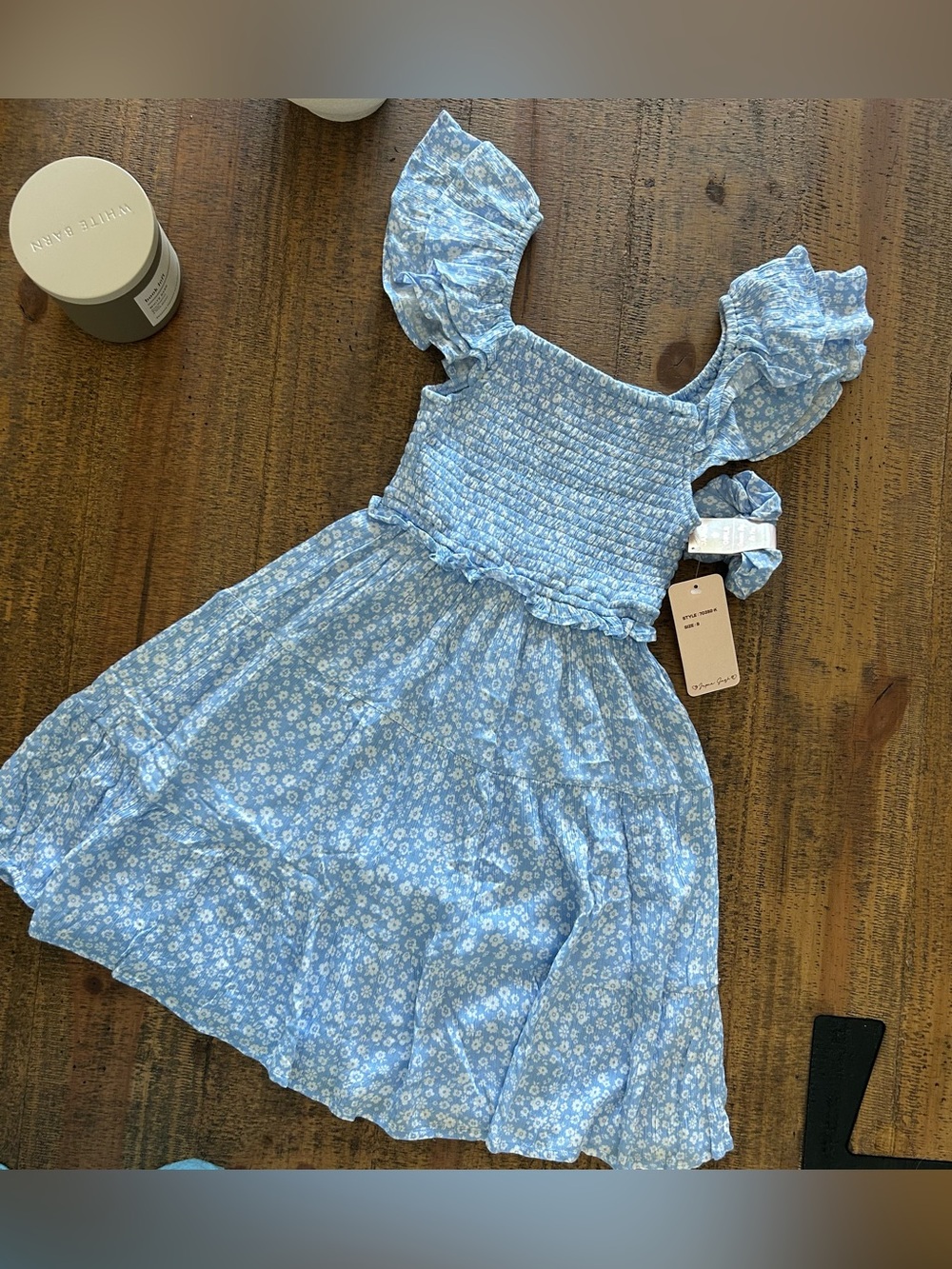 Light Blue Floral Smocked Dress for Girls with Ruffle Straps